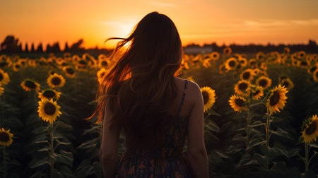 Beautiful young woman in a field of sunflowers at sunsetの素材