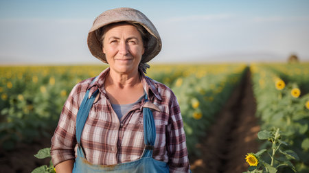 Portrait of senior woman farmer standing in sunflower field on sunny dayの素材
