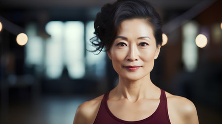 portrait of smiling asian woman in sportswear at gymの素材