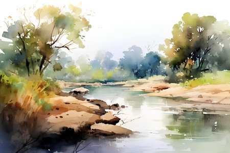 Watercolor landscape with river and trees. Watercolor hand drawn illustrationの素材