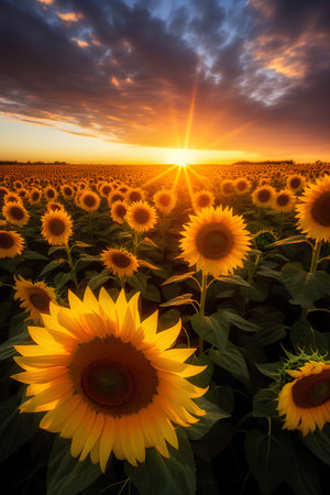 Sunflower field at sunset. Beautiful natural background. 3d renderingの素材