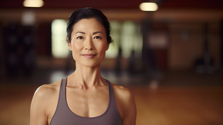 Portrait of a beautiful asian woman looking at camera in gymの素材