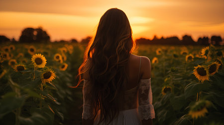 Beautiful young woman in a field of sunflowers at sunsetの素材