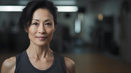 Portrait of an attractive middle aged Asian woman in sportswearの素材