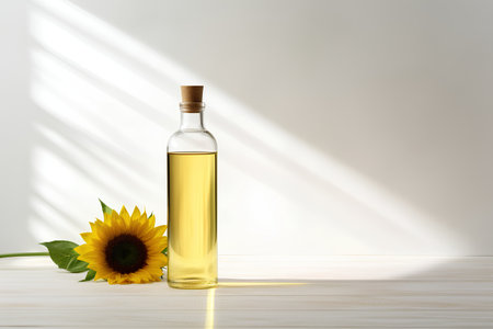 Sunflower oil in glass bottle on wooden table with sunflowers. 3d renderの素材
