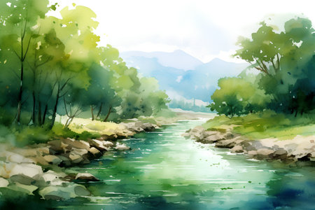 Watercolor landscape with river, forest and mountains. Digital illustration.の素材