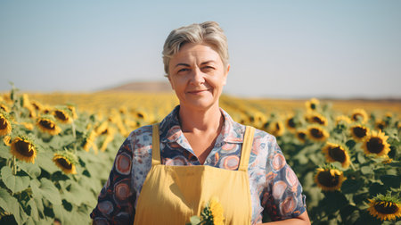 Portrait of senior woman standing in sunflower field on sunny dayの素材