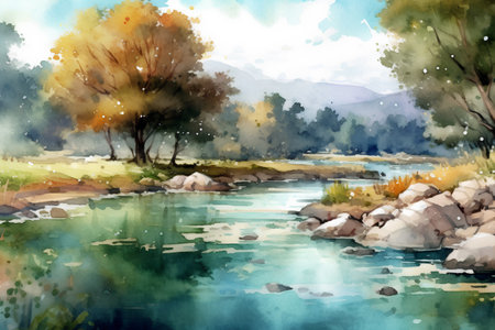 Autumn landscape with mountain river. Watercolor hand drawn illustration.の素材