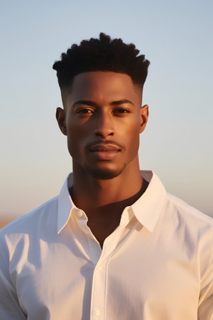 Handsome african american man in white shirt on sunset.の素材