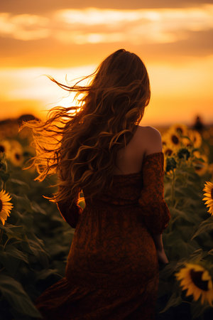 Beautiful pregnant woman with long curly hair in sunflower field at sunsetの素材