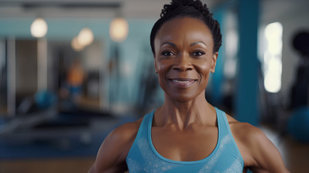 Portrait of smiling african american woman looking at camera in gymの素材