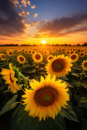 Sunflower field at sunset. Beautiful summer landscape with sunflowers.の素材