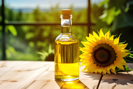 Bottle of sunflower oil on wooden table and sunflowers on backgroundの素材