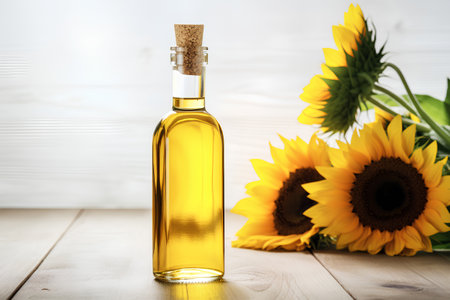 bottle of sunflower oil with sunflowers on wooden backgroundの素材