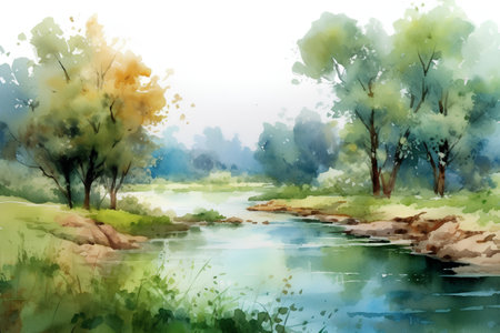 Watercolor landscape with river and trees. Watercolor illustration for your designの素材