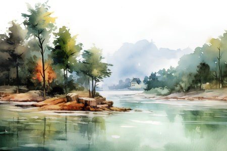 Watercolor landscape with forest and lake. Hand drawn illustration for your designの素材
