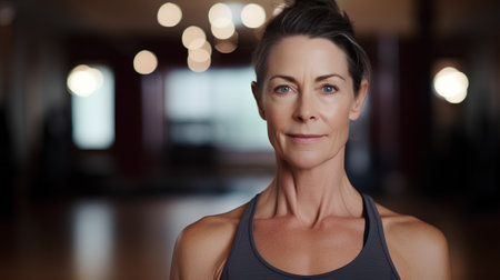 Portrait of beautiful mature woman in sportswear looking at cameraの素材
