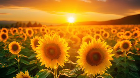 Sunflower field at sunset. Blooming sunflowers. Nature backgroundの素材