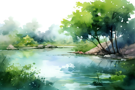 Watercolor summer landscape with river and trees. Hand drawn illustration.の素材