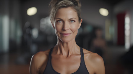 Portrait of mature woman in sportswear looking at camera in gymの素材