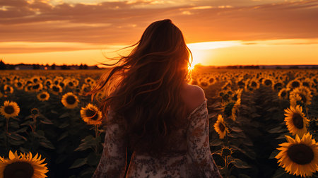 Young beautiful woman on the field of sunflowers at sunset.の素材