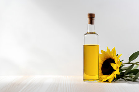 Bottle of olive oil with sunflower on wooden table and white backgroundの素材