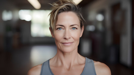 Portrait of smiling middle aged woman looking at camera in fitness studioの素材