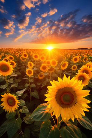 Sunflower field at sunset. Beautiful landscape with sunflowers.の素材