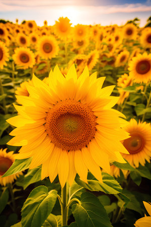 Beautiful sunflower field at sunset. Natural background. Selective focus.の素材