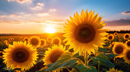 Sunflower field at sunset. Beautiful landscape with sunflowers.の素材