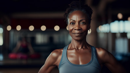 Portrait of smiling african american woman looking at camera in gymの素材