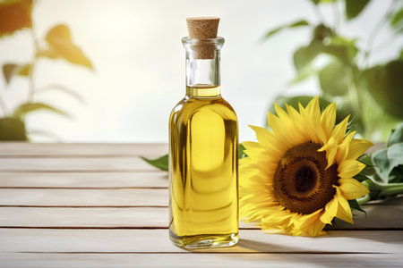 Sunflower oil in a glass bottle with sunflowers on a wooden backgroundの素材