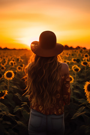 Back view of young woman in hat looking at sunflower field at sunsetの素材