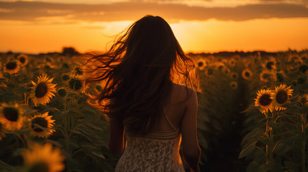 Beautiful young woman in a field of sunflowers at sunsetの素材