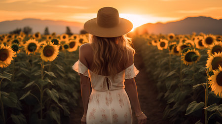 Beautiful young woman in white dress and hat standing in sunflower field at sunsetの素材