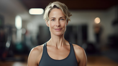 Portrait of a middle aged woman smiling at the camera in a gymの素材