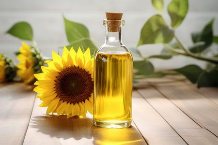 Bottle of sunflower oil with sunflowers on wooden tableの素材