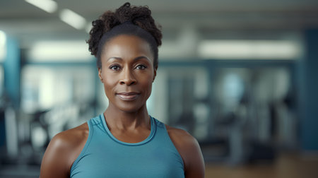 fitness, sport, training and lifestyle concept - smiling african american woman in gymの素材