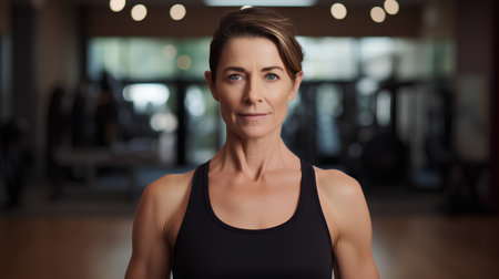 Portrait of mature woman in sportswear looking at camera in gymの素材