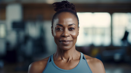 portrait of smiling african american sportswoman in gymの素材