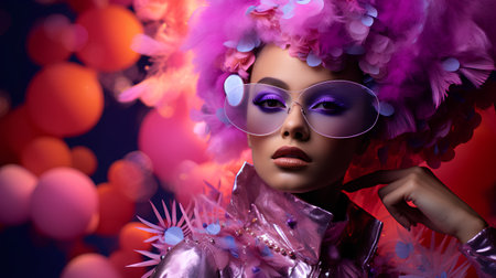 Fashion shot of a beautiful young woman with bright make-up and hairstyle. Beauty, fashion.の素材