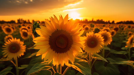 Beautiful sunflowers in the field at sunset. Nature backgroundの素材
