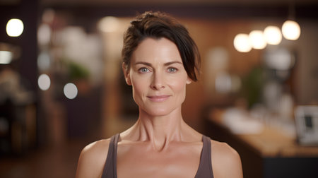 Portrait of a beautiful mature woman in sportswear looking at cameraの素材