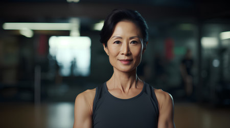 Portrait of a smiling asian woman looking at camera in gymの素材