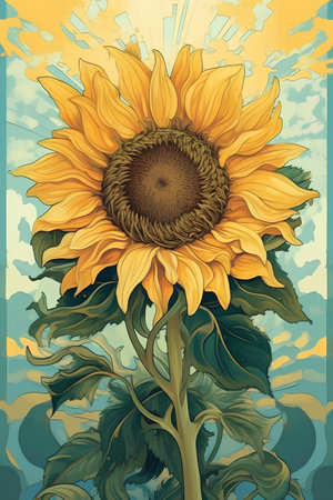 Illustration of a sunflower in the field on a summer dayの素材