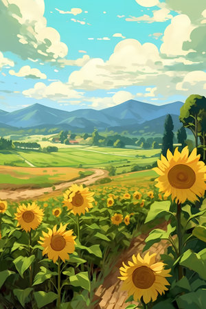 Sunflower field with blue sky and white clouds. Vector illustration.の素材