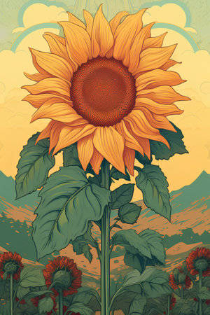 Beautiful sunflowers on the background of mountains. Vector illustration.の素材
