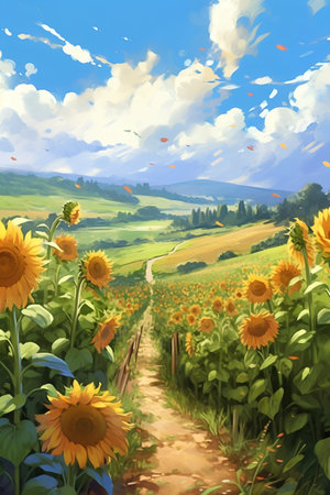 Sunflower field in Tuscany, Italy. Digital painting.の素材