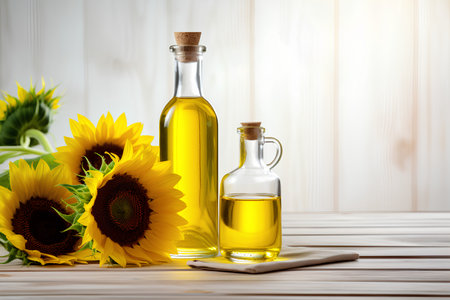 Bottle of sunflower oil and sunflowers on wooden backgroundの素材