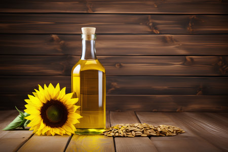 Bottle of sunflower oil and sunflower seeds on wooden backgroundの素材